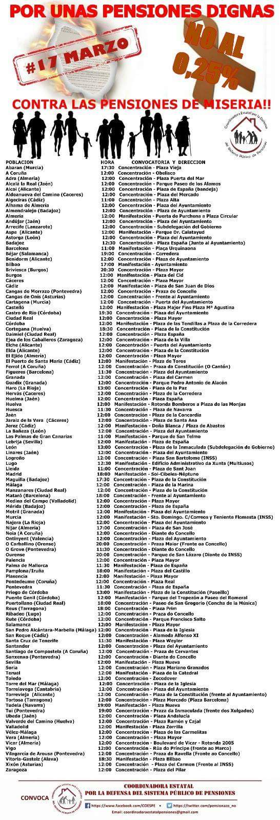 Convocatorias en defensa del Sistema Público de Pensiones en ciudades y municipios de toda España.