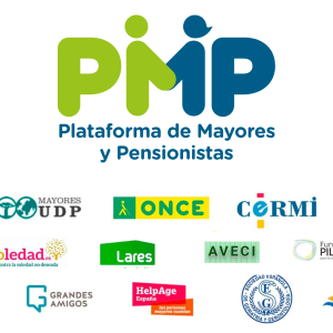 Logotipo de la Plataforma de Mayores y Pensionistas (PMP) junto a las organizaciones miembro, incluyendo UDP, CEOMA, ONCE y CERMI