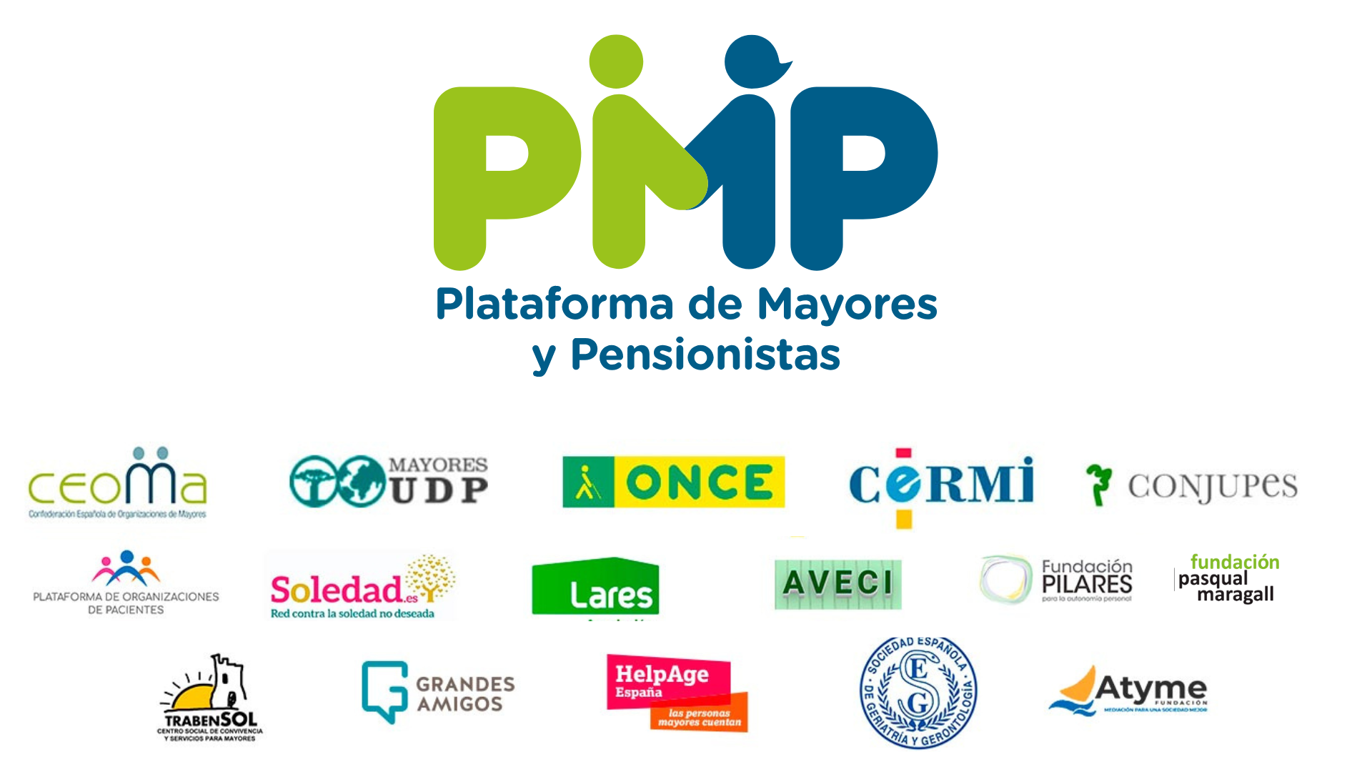 Logotipo de la Plataforma de Mayores y Pensionistas (PMP) junto a las organizaciones miembro, incluyendo UDP, CEOMA, ONCE y CERMI